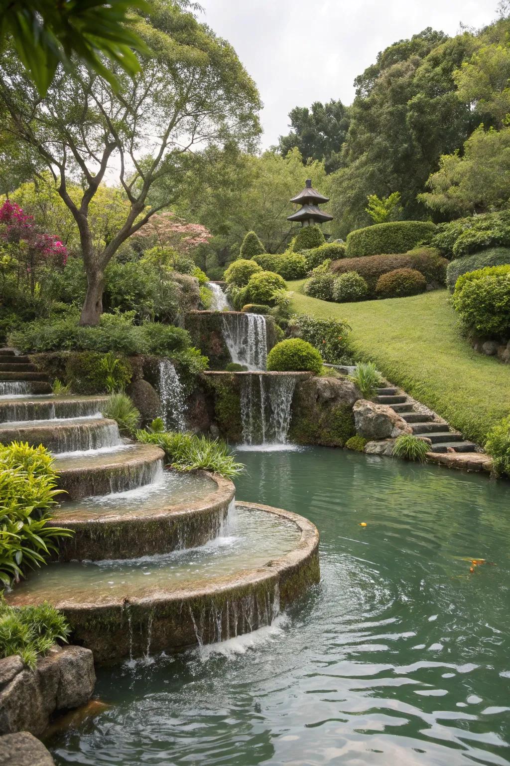 A multi-tiered pond fashioning a dynamic and organic water characteristic.
