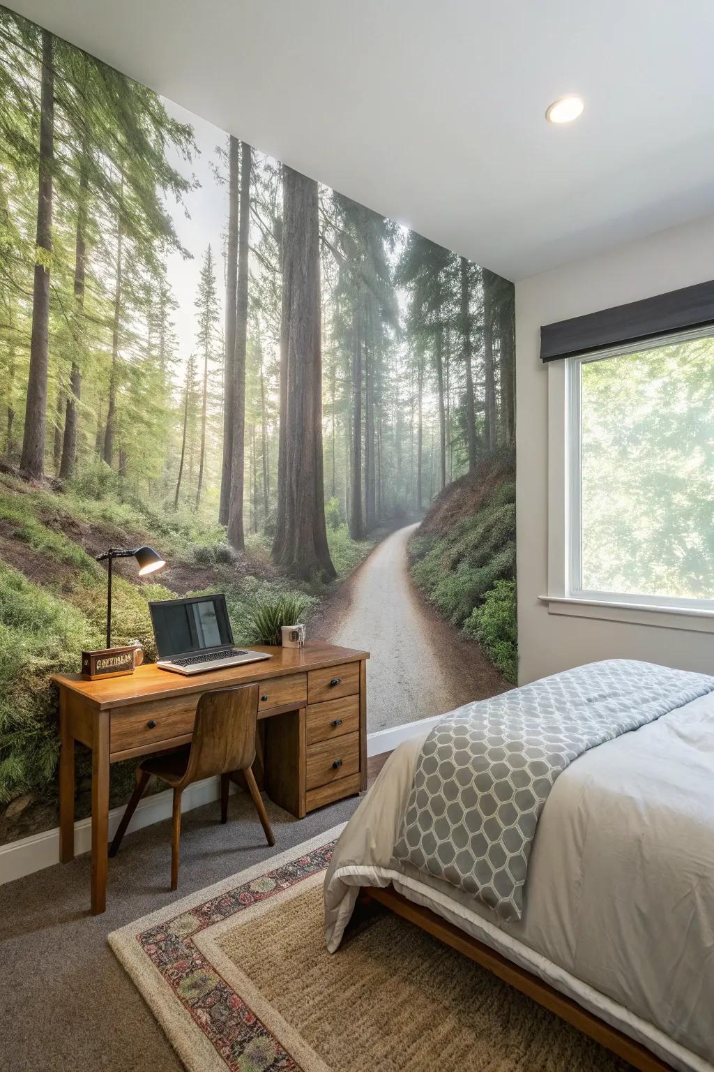 A nature mural creates an immersive retreat within the bedroom.