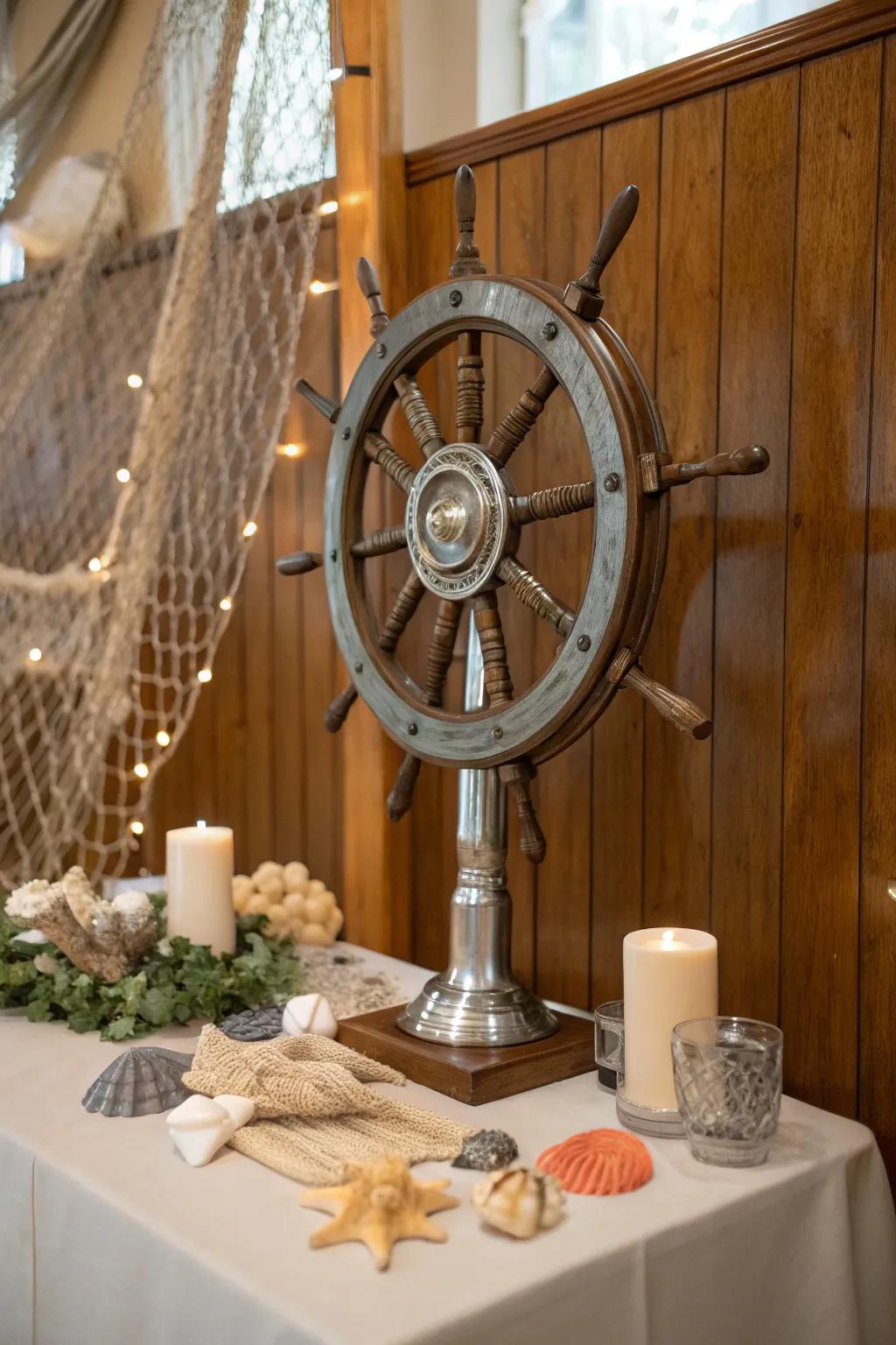 A ship's wheel desk ornament anchors the theme.