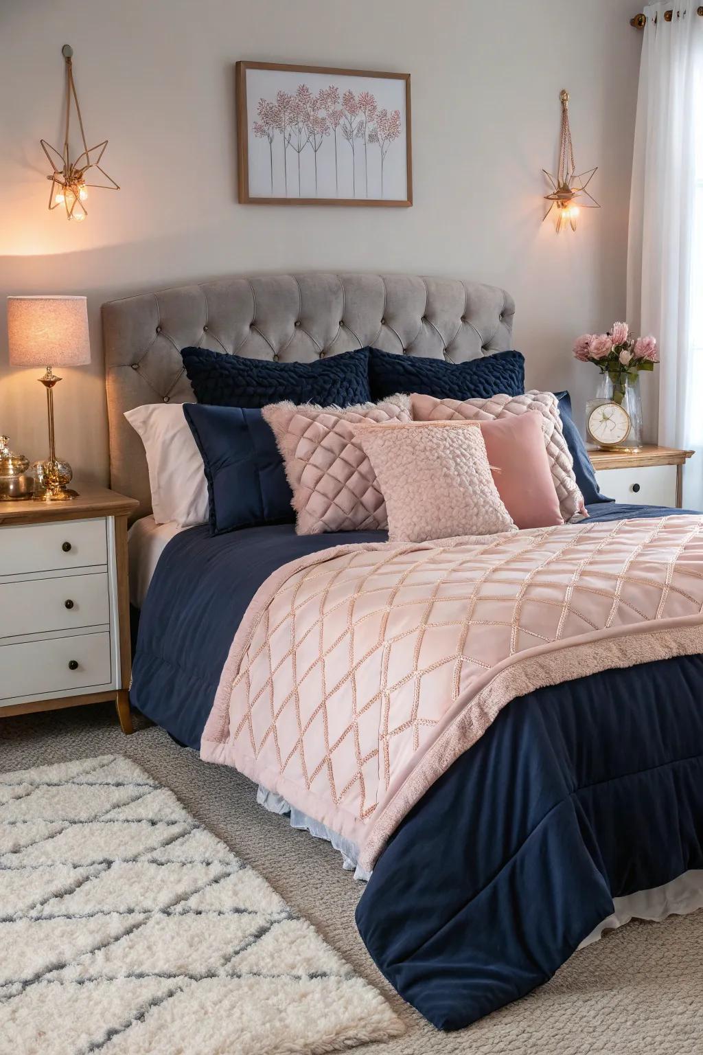 Create elegance through sea blue and blush pink bedding.