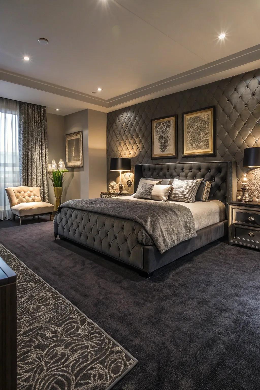 Charcoal carpets provide depth and dramatic.