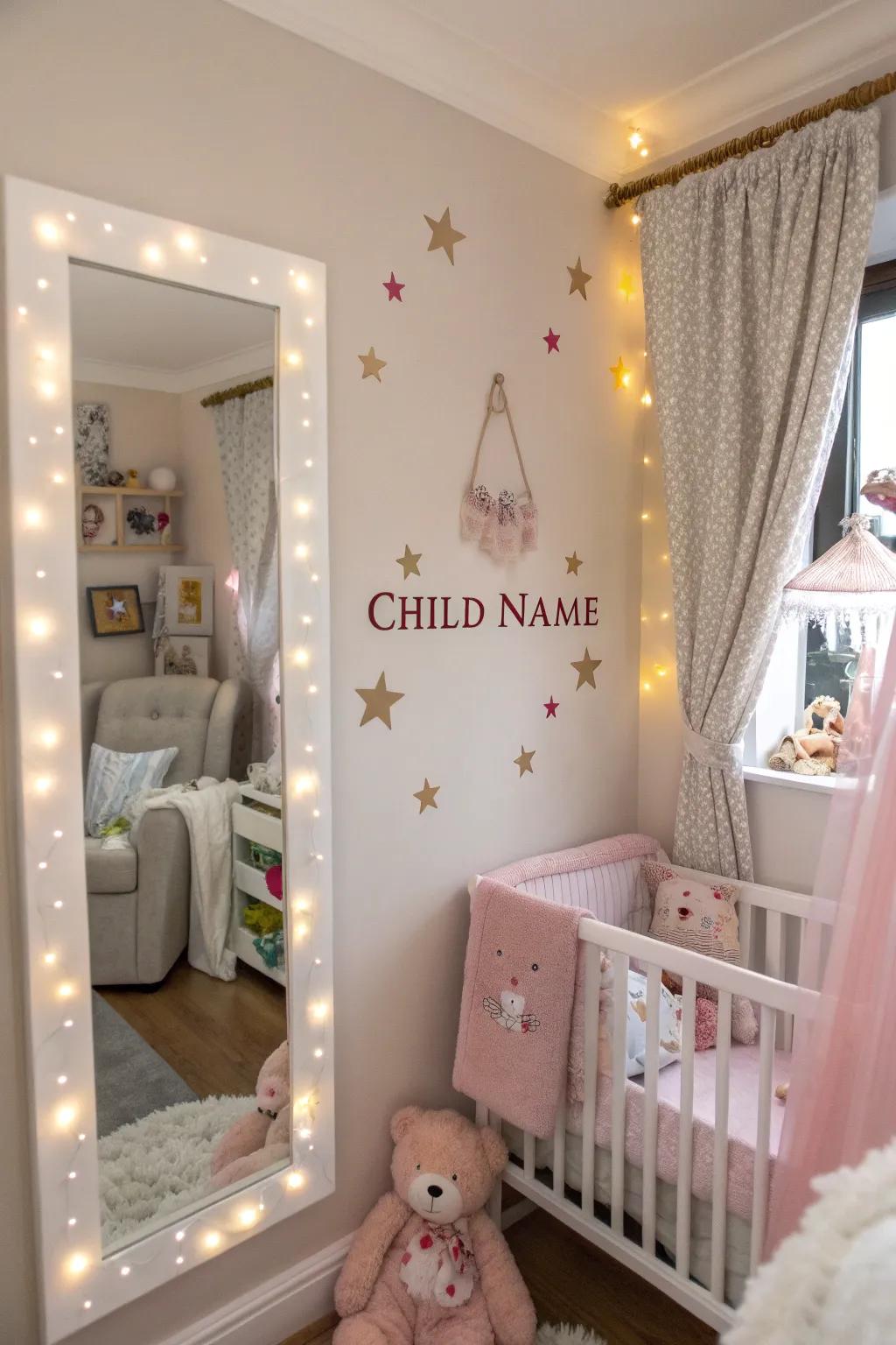 A customized reflector introduces a unique, personal accent to this nursery.