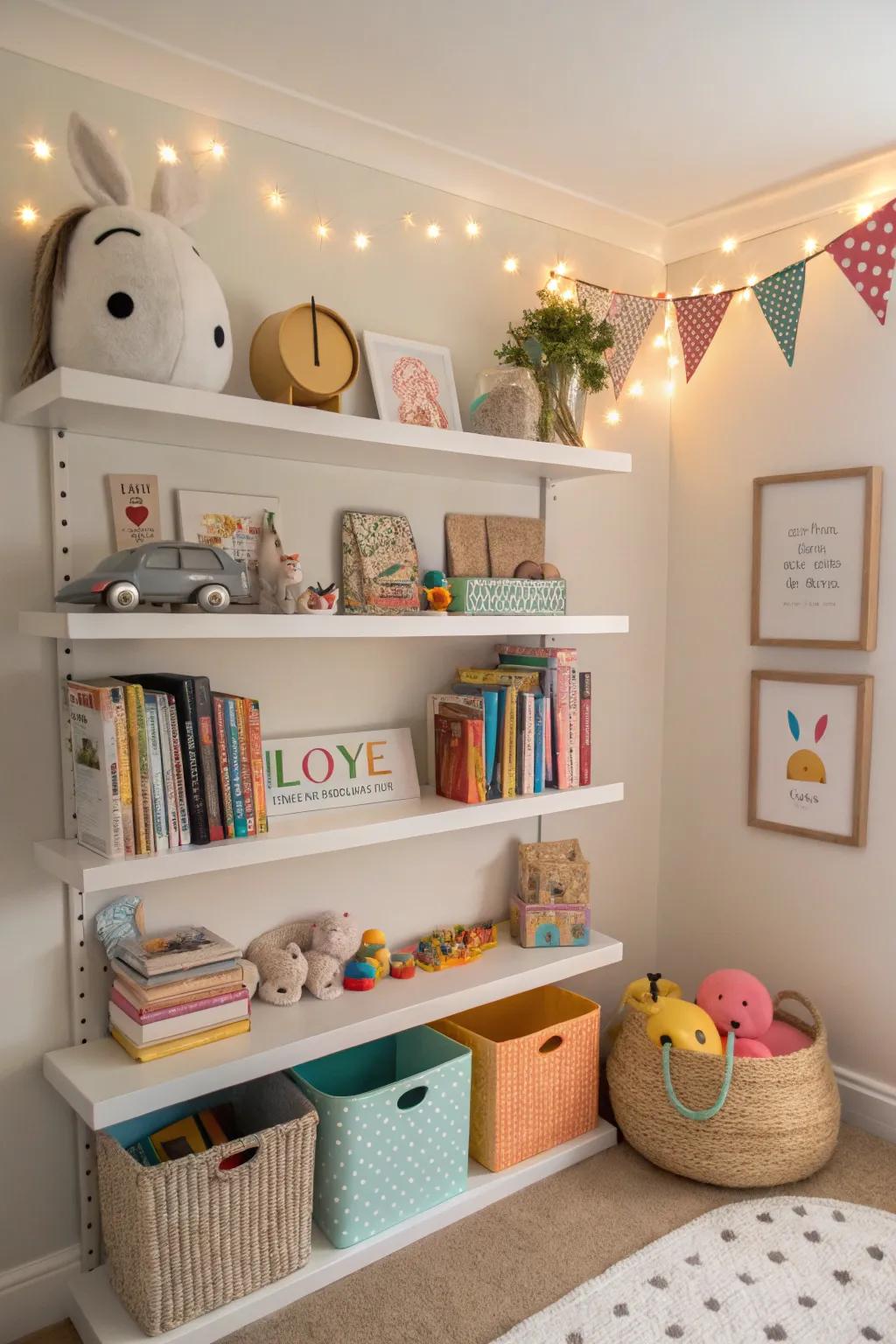 Angled shelves efficiently use space while adding style to the nursery.