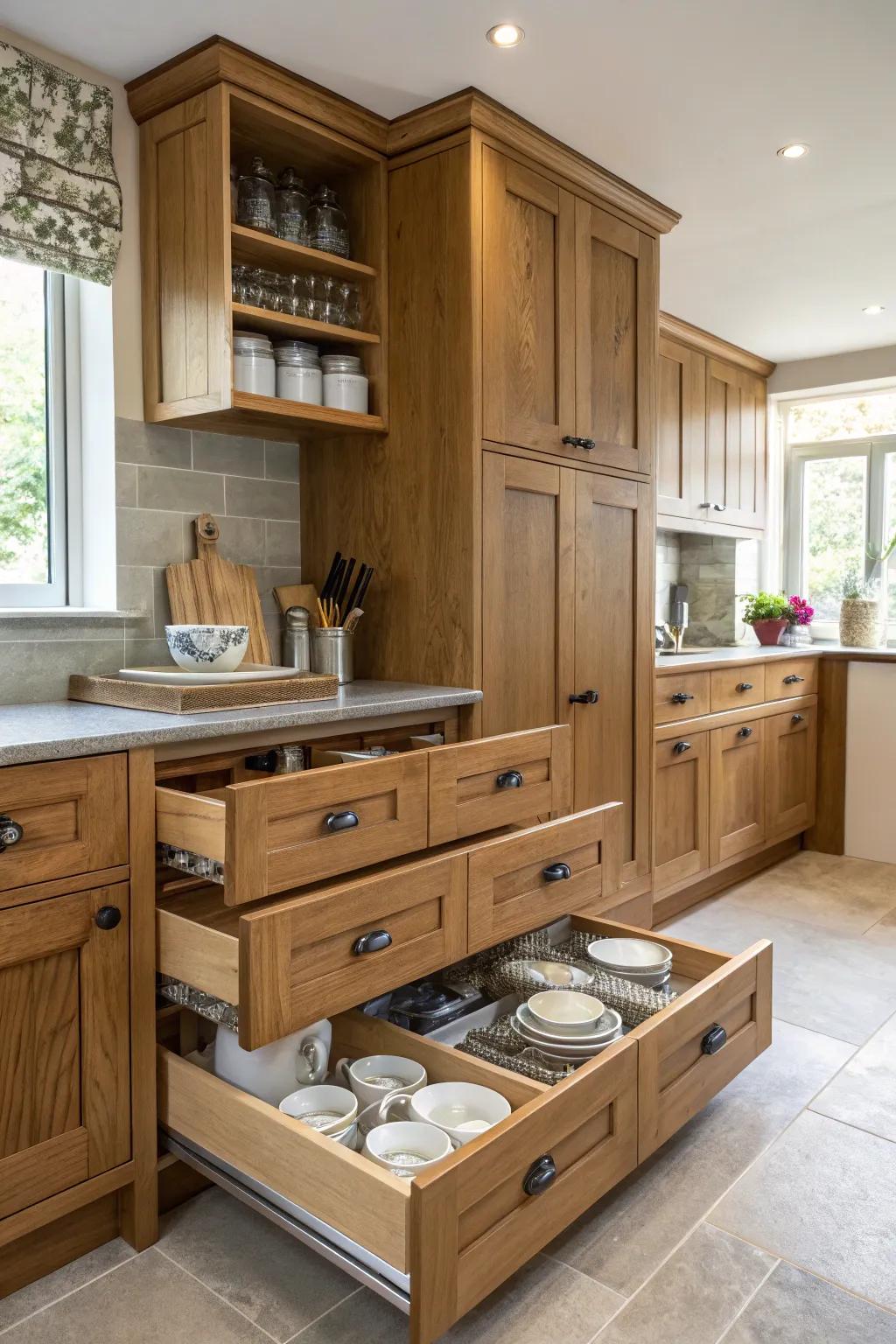 Extractable stowing amplifies organization in oak kitchens.