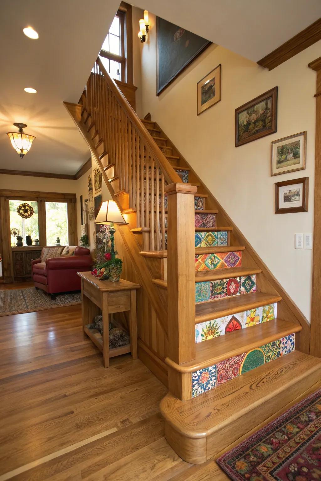 Accent hues incorporating a lively nuance to an oak stairwell.