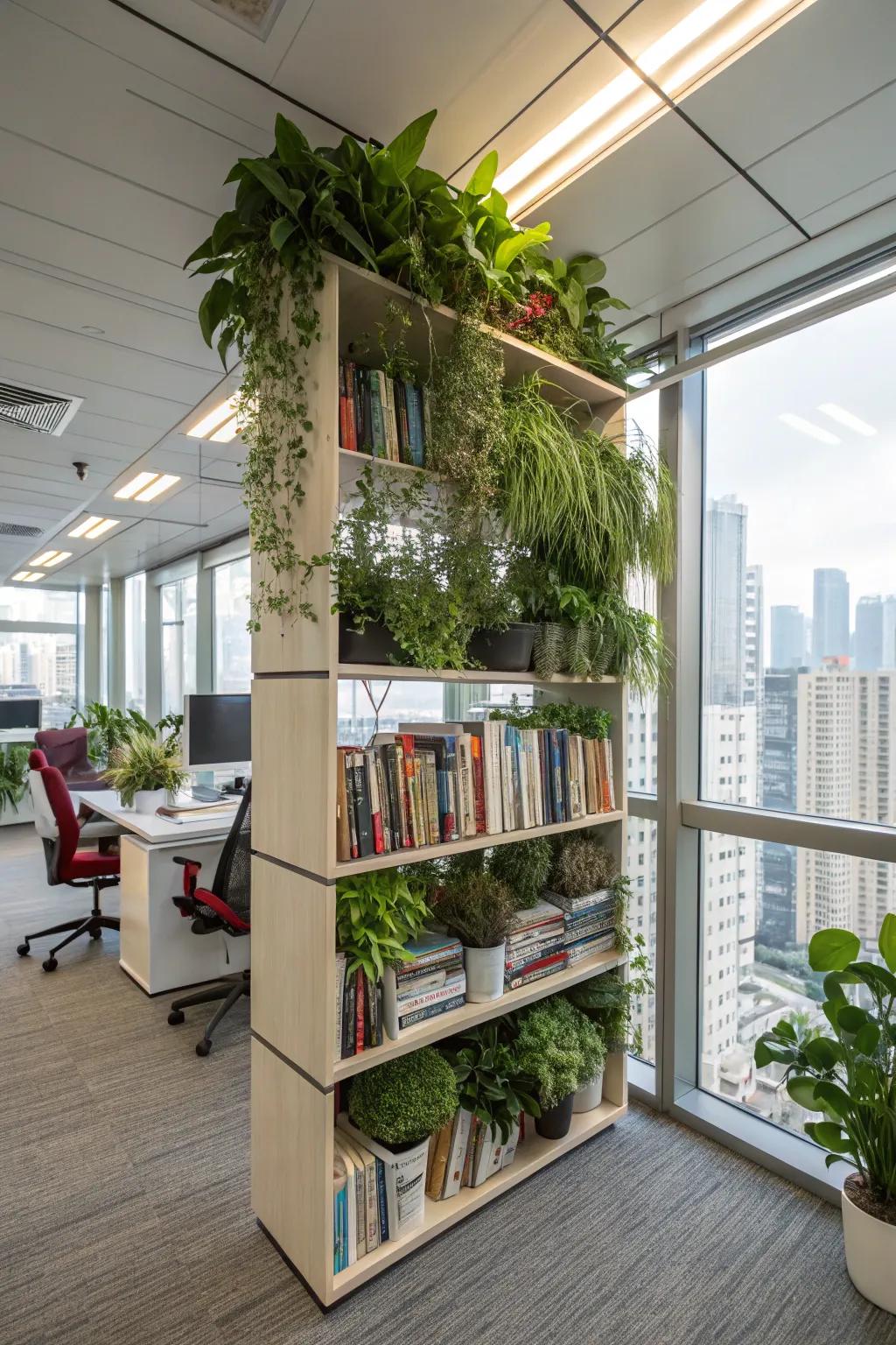 A two-tiered plant and book exhibit enhances elegance and convenience.