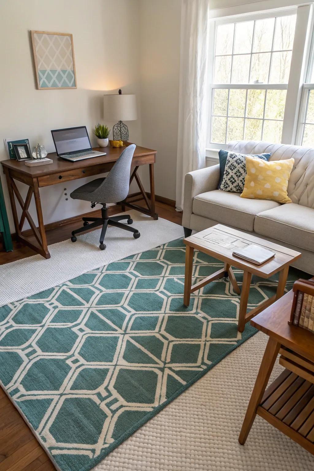 Rugs define and separate spaces within the room.