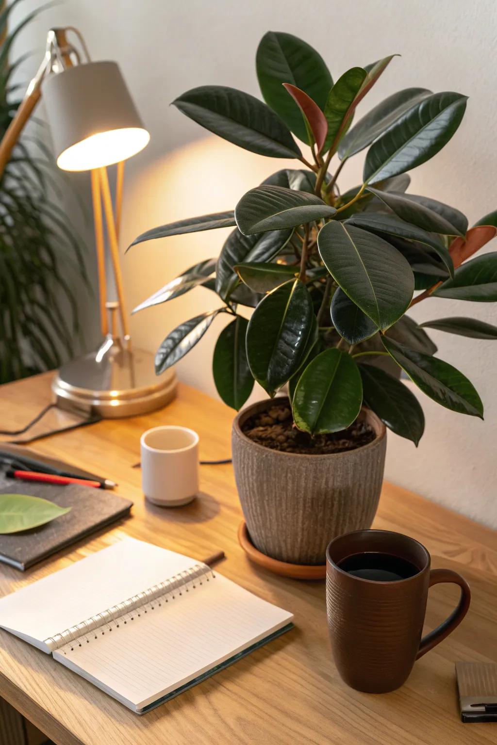 Add a striking rubber plant to your office for a touch of elegance with minimal care.