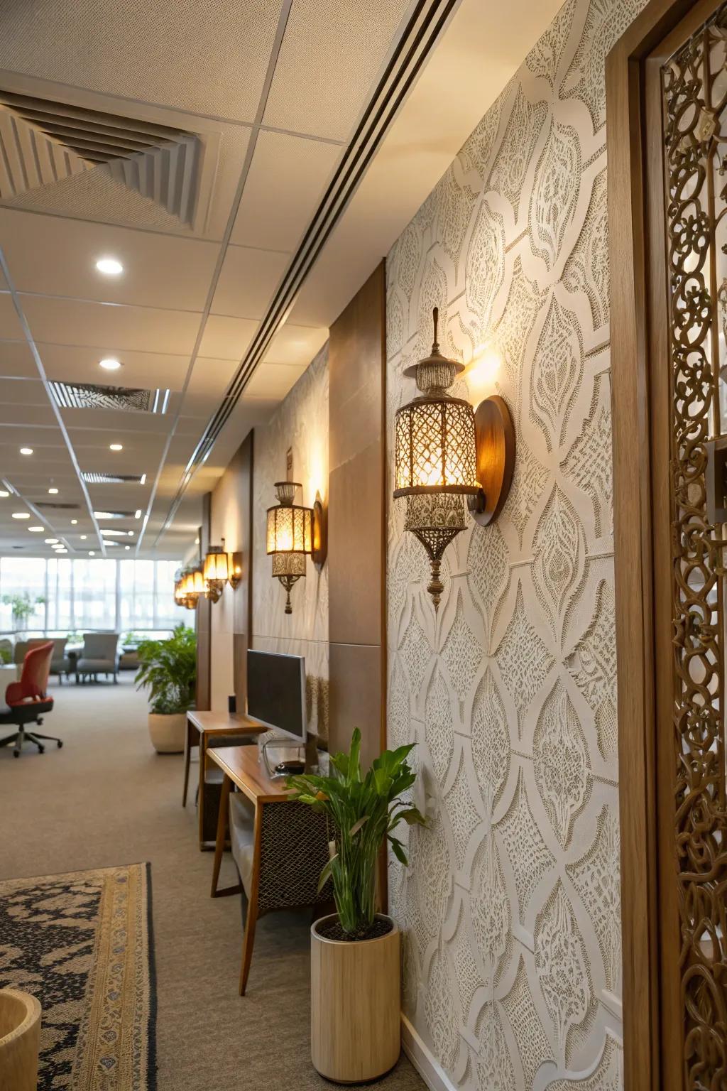 Textured wall lights adding depth to the office decor.