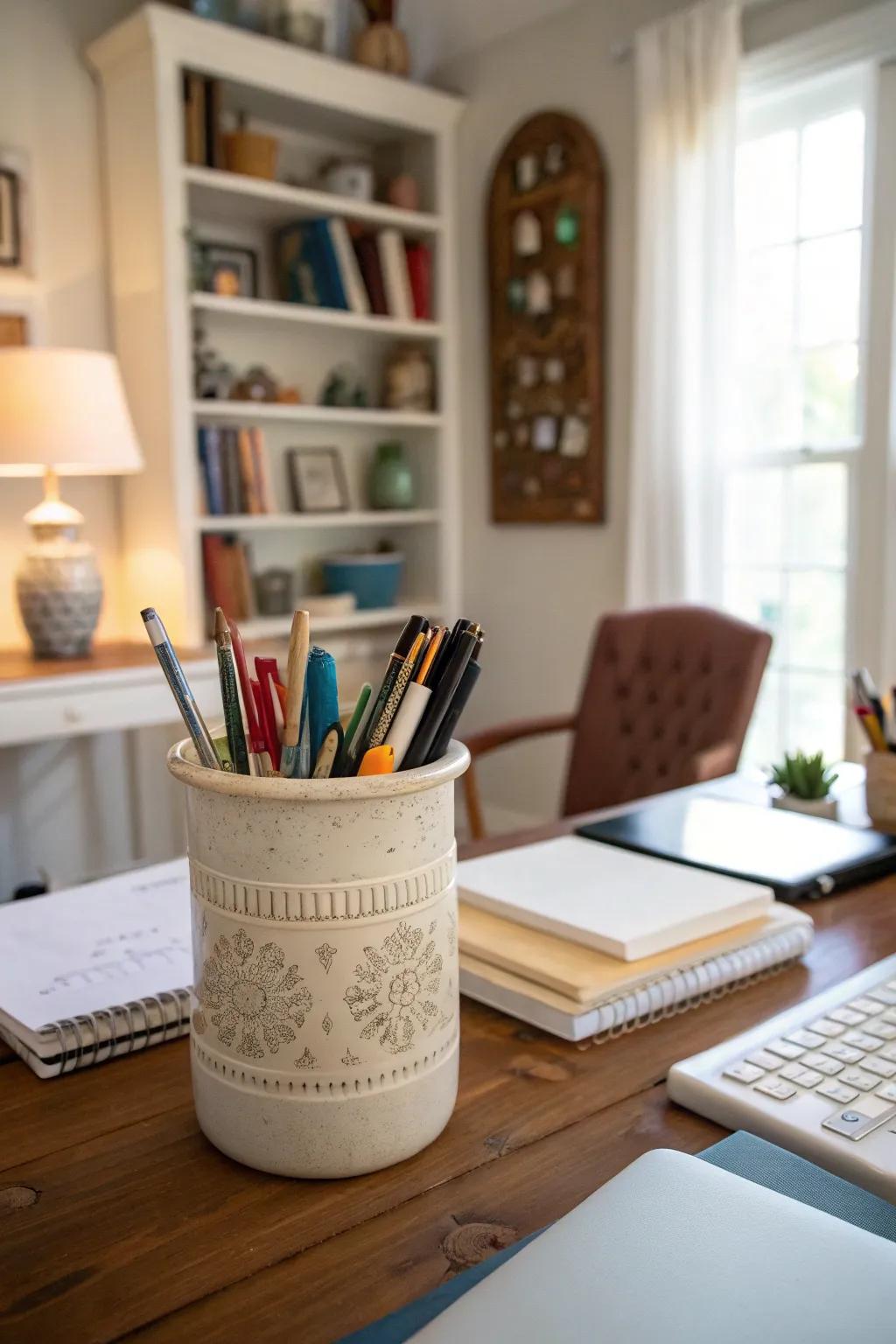 Organize your office implements through a chic jug support.