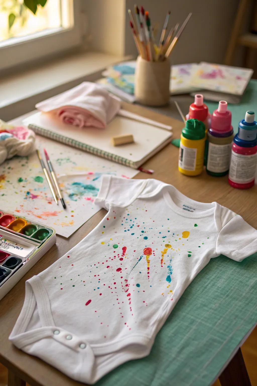 An artistic onesie showcasing a vibrant color splatter design.
