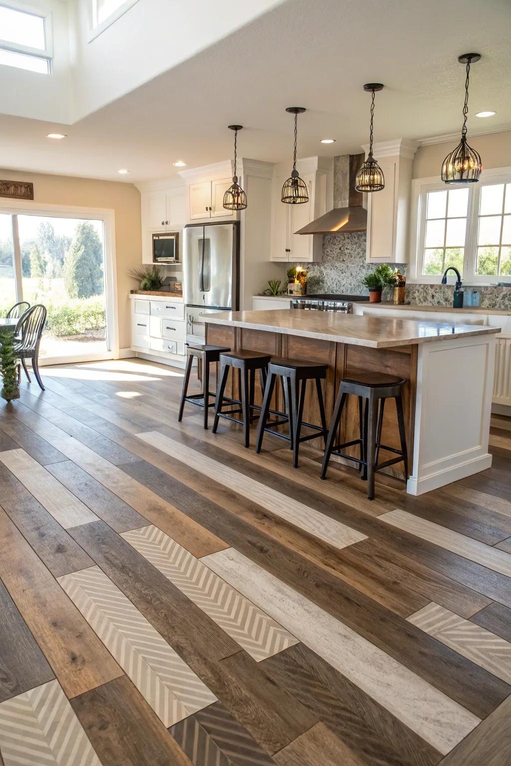 Unique flooring patterns subtly define the kitchen zone.