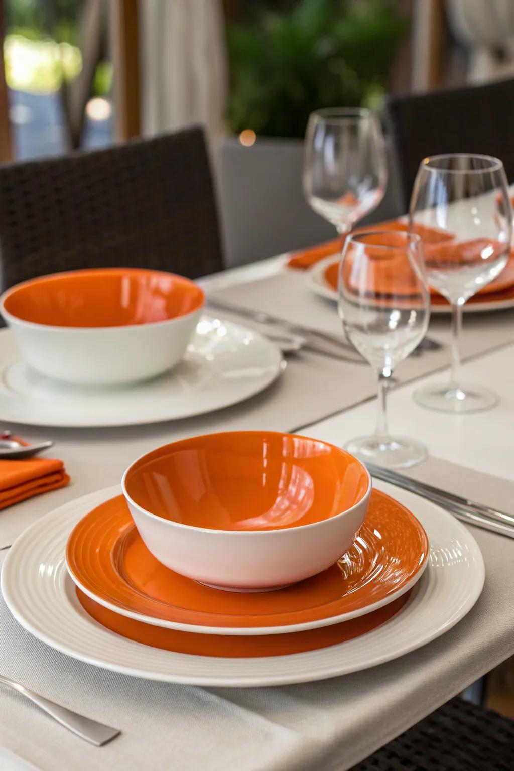 Vibrant orange and white dishware elevates the dining experience.