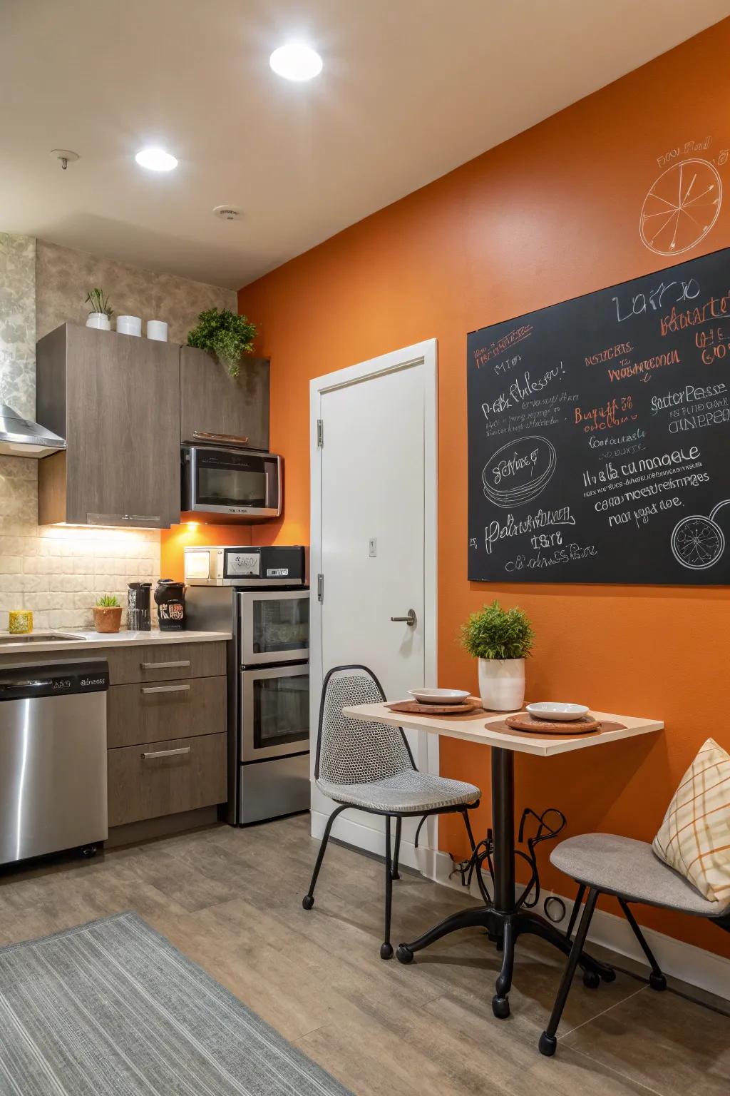A cooking area that mixes fun and function with a tangerine chalkboard wall.