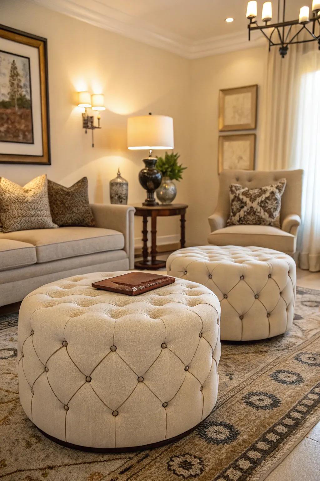 A symmetrical setup with dual ottomans for impact.