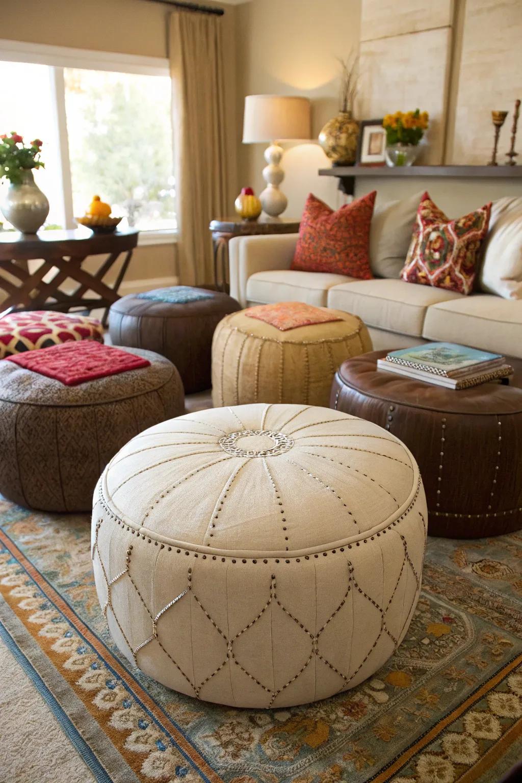 A creative arrangement of ottomans adds depth to a room.