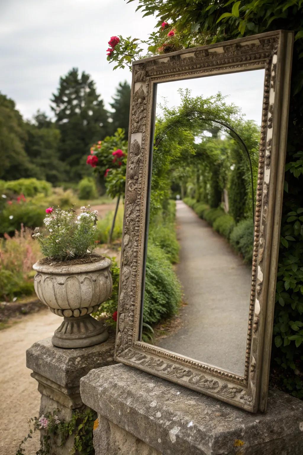 A garden reflector reflecting light and foliage, enlarging the space.