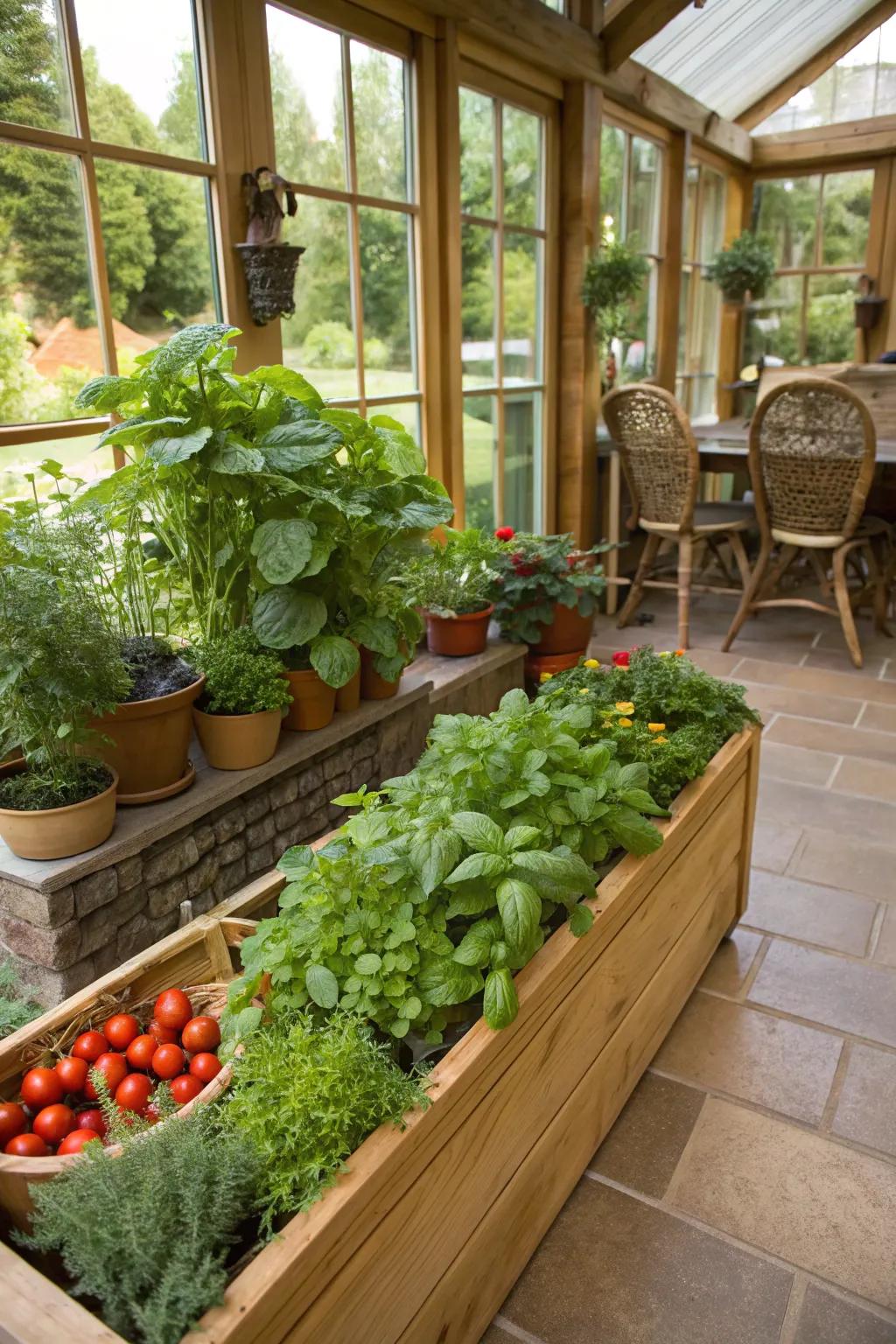 Consumable greenery bringing freshness and utility to a garden room.