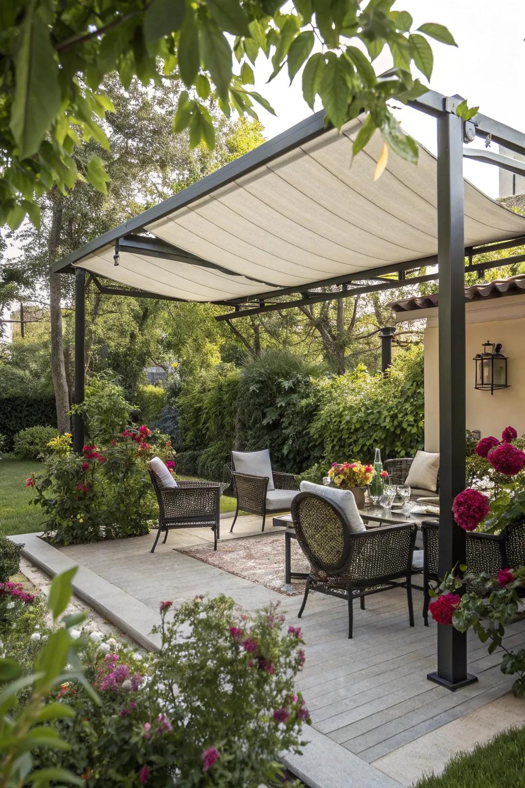 A retractable awning offers shade and flexibility for your outdoor retreat.