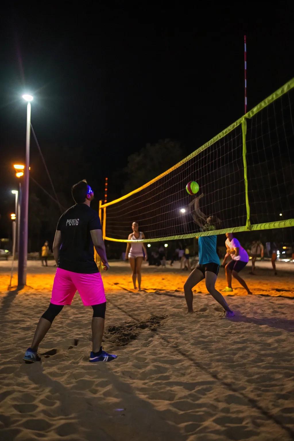 A nocturnal net game gleaming beneath the constellations.