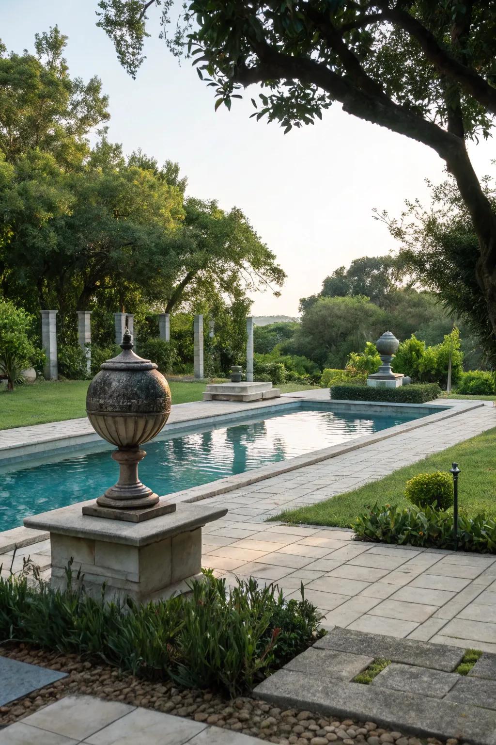 Sculptures bring an artistic flair to the poolside.
