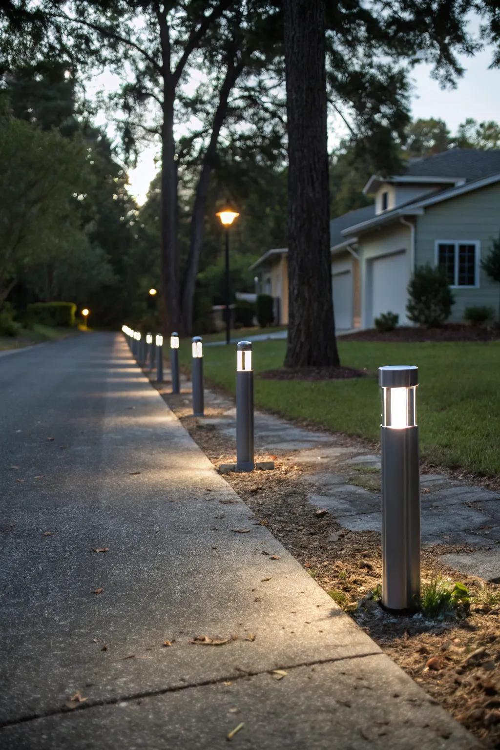 Sleek solar pathway markers gracefully illuminate your property's driveway.