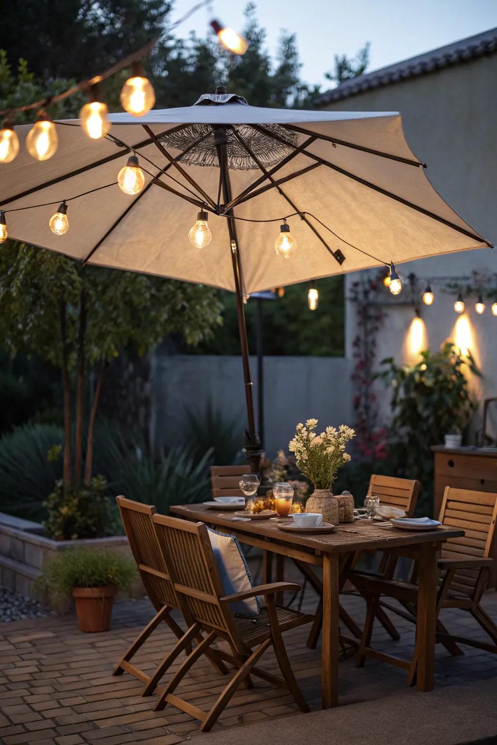 Parasol lights for a cozy dining experience.