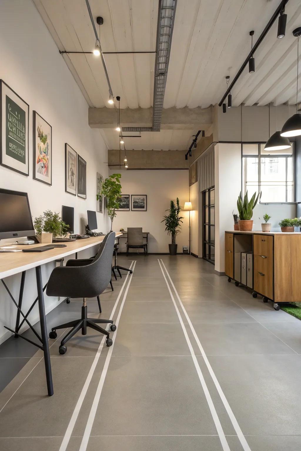 An office featuring minimalist painted floors, delivering a clean and focused environment.