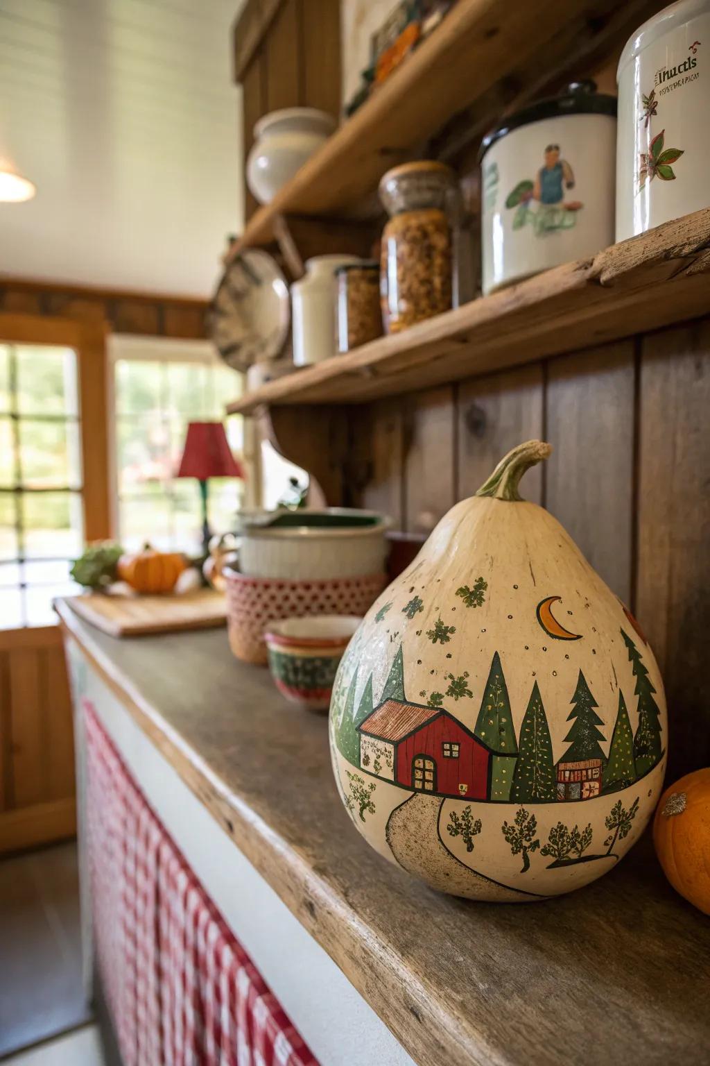 A gourd featuring rustic rural charm.