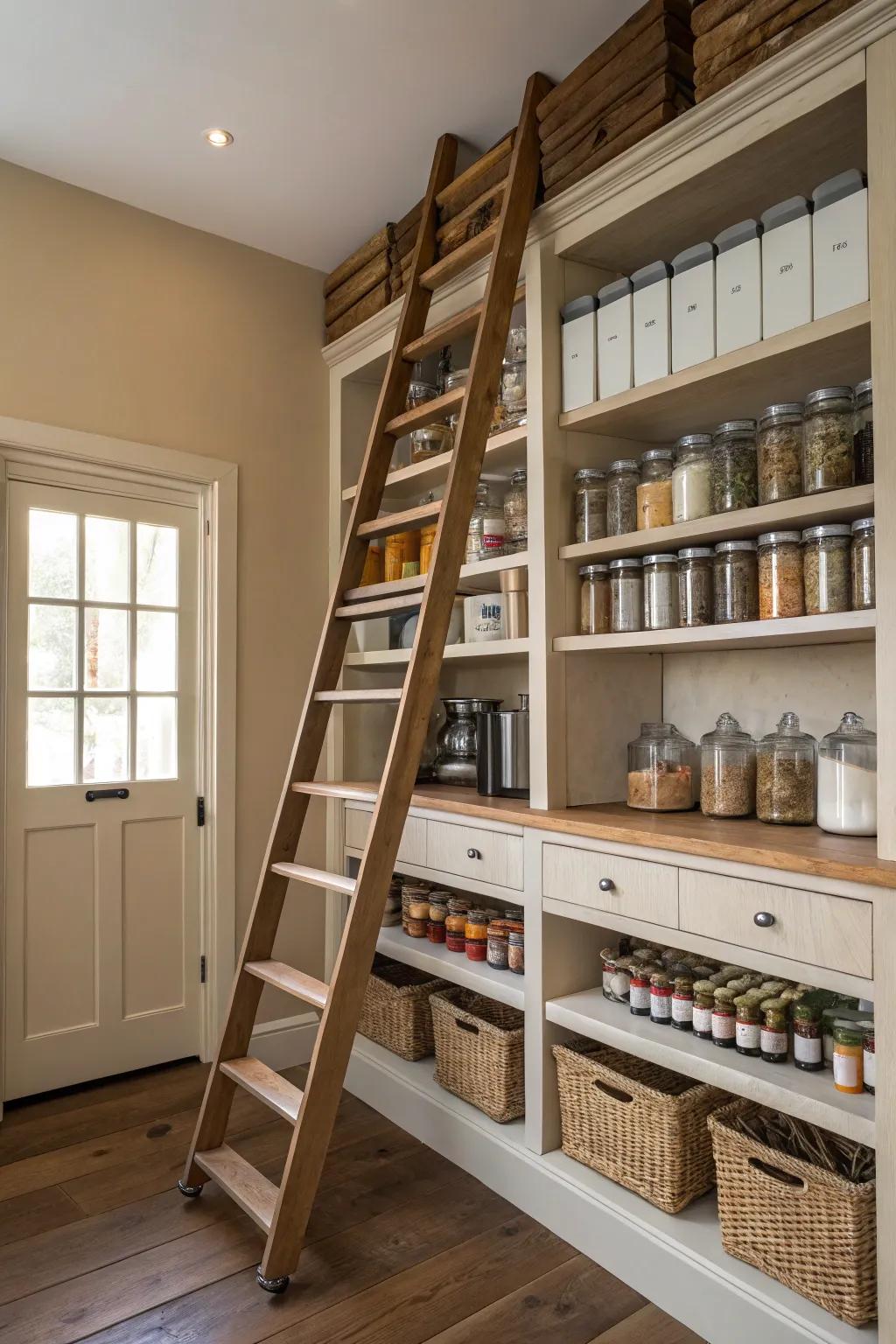 A sliding ladder adds accessibility and elegance to high shelves.