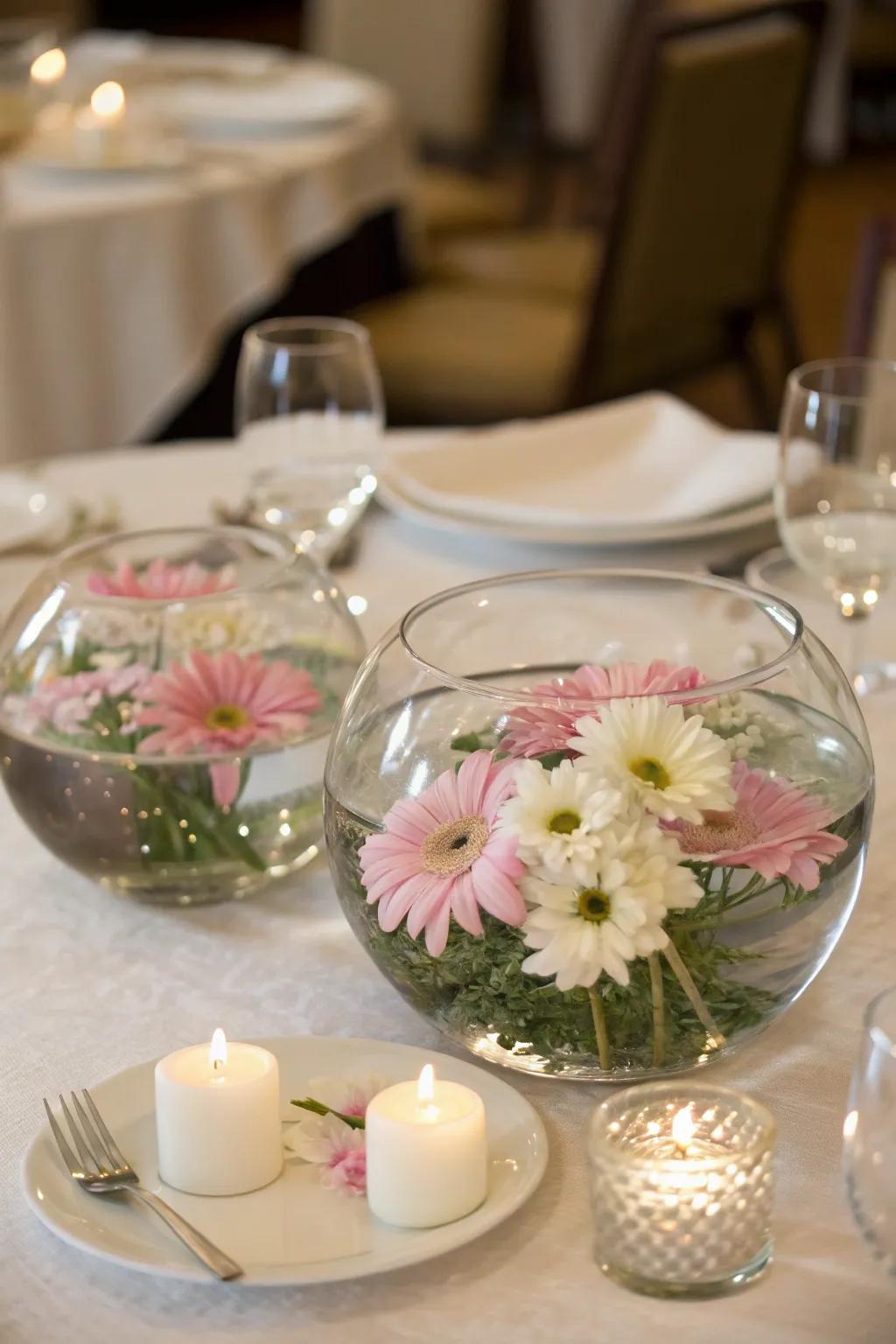 A dreamy centerpiece showcasing floating flowers.