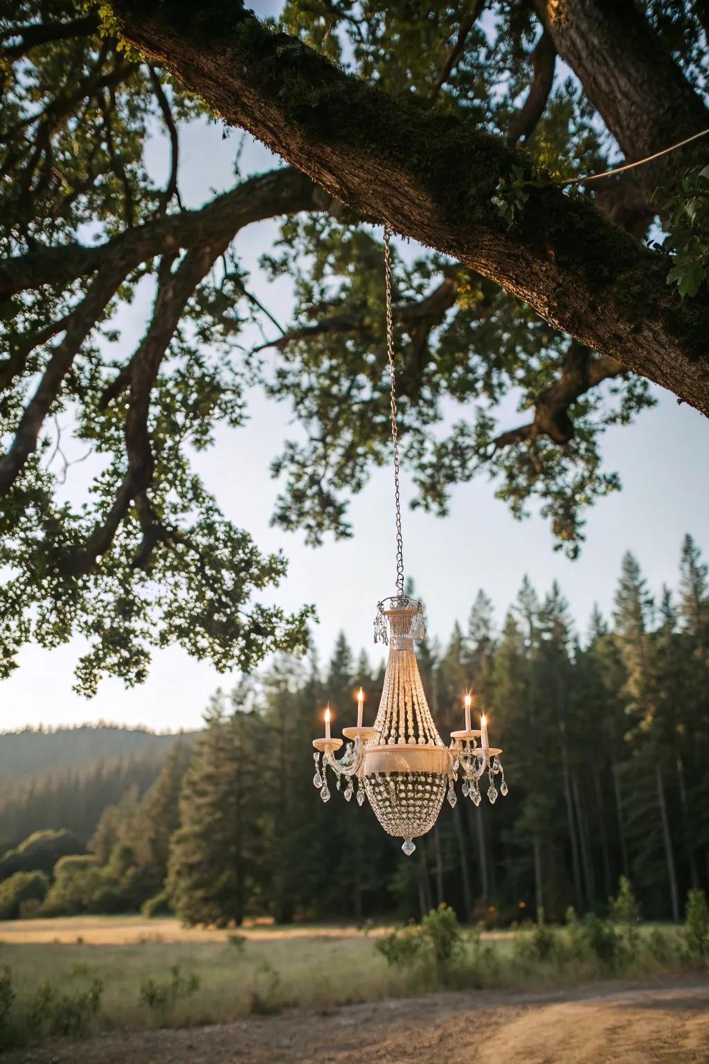 A hanging light adds unexpected elegance to the outdoor setting.