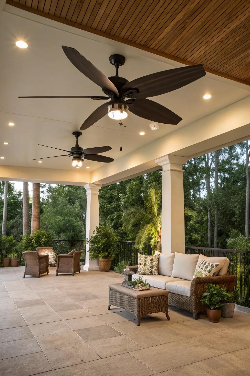 A dynamic patio featuring a twin motor ceiling fan for enhanced airflow.
