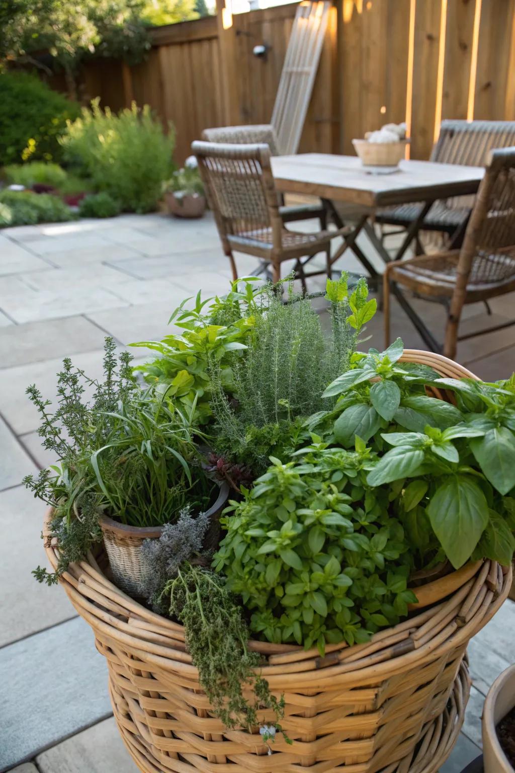 Countryside basket herb display.