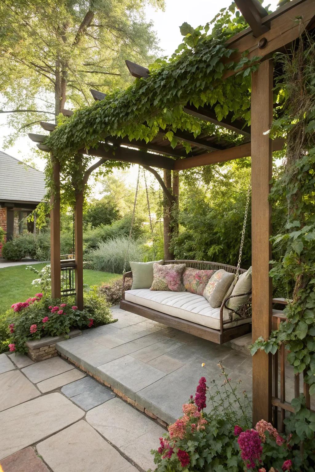 A frame structure with a suspended seat delivers a shaded spot for relaxation.