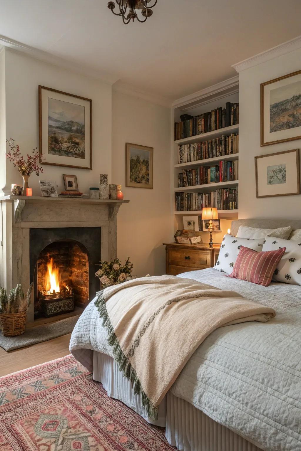 A bedroom with an indoor fireplace, offering warmth and a peaceful focal point.