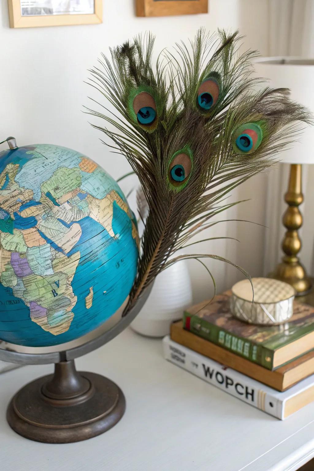A travel-influenced centerpiece exhibiting a globe and pheasant plumes.