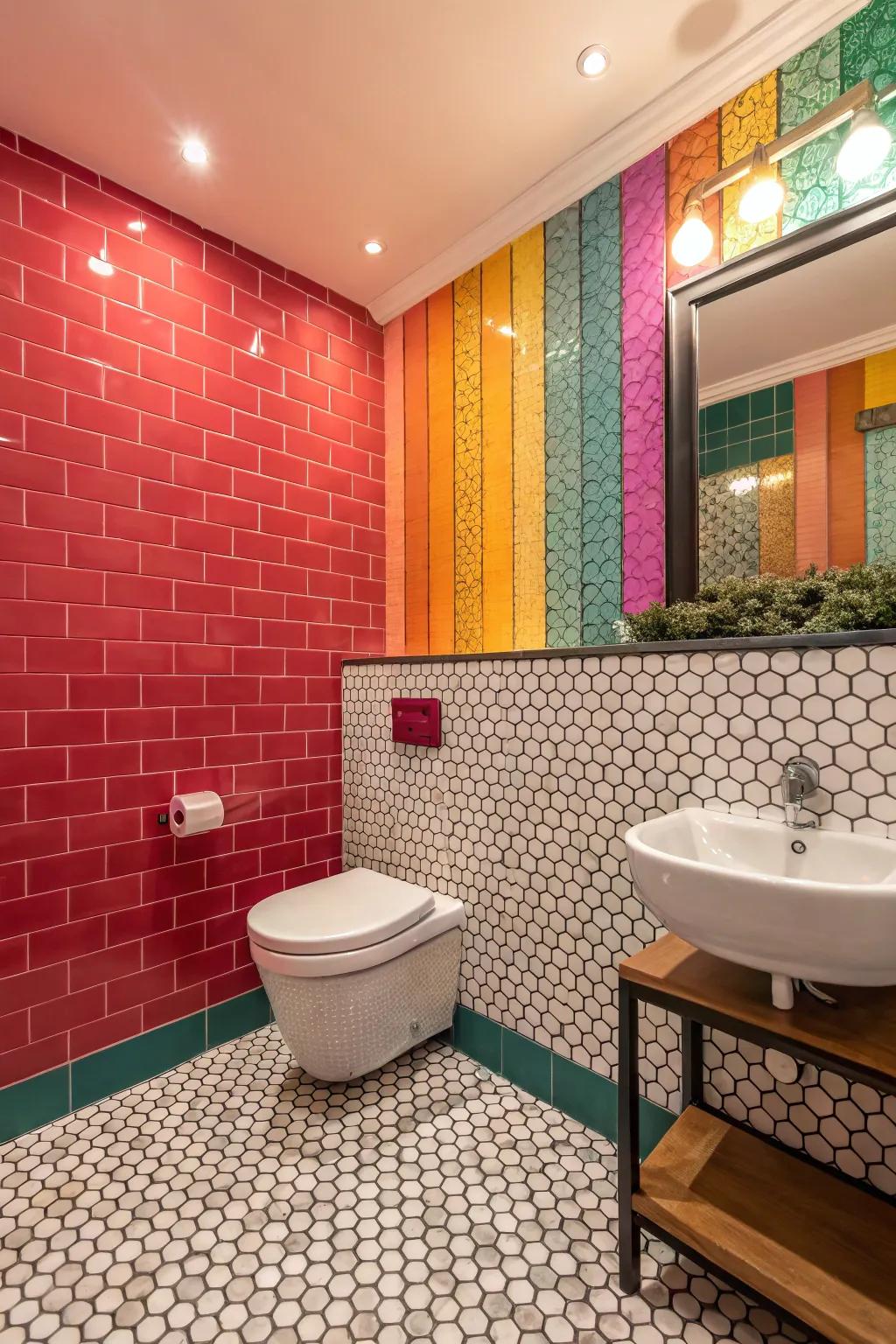 Bright and lively bathroom enhanced by striking shades and penny tiles.
