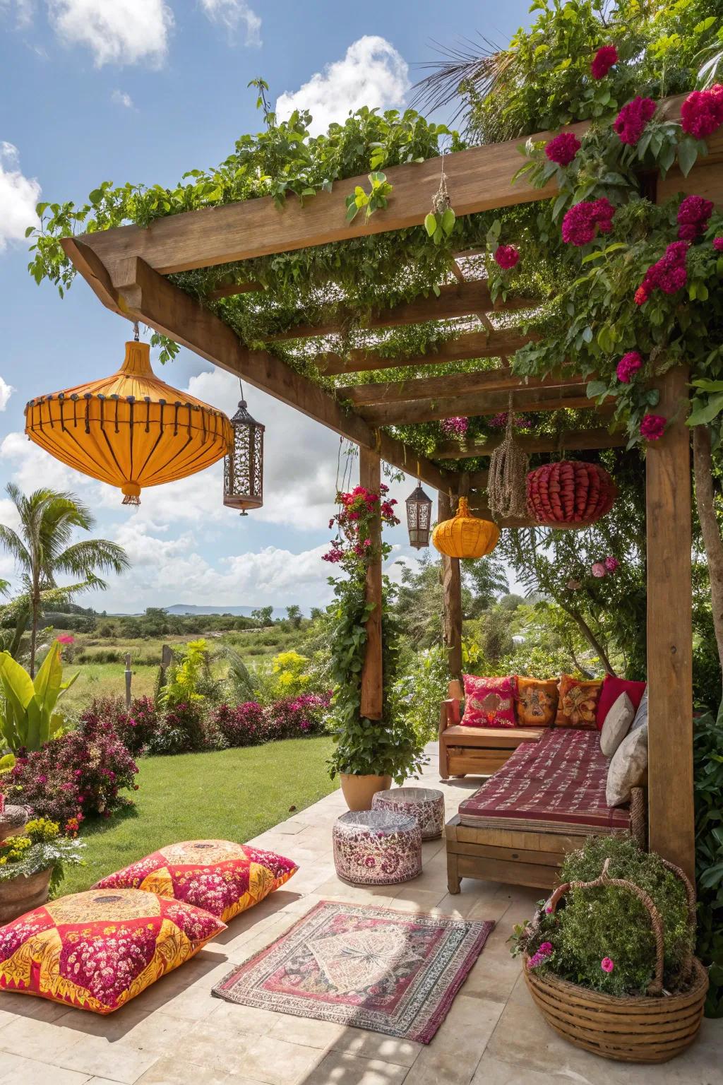 This pergola has a tropical paradise theme that evokes island vibes.
