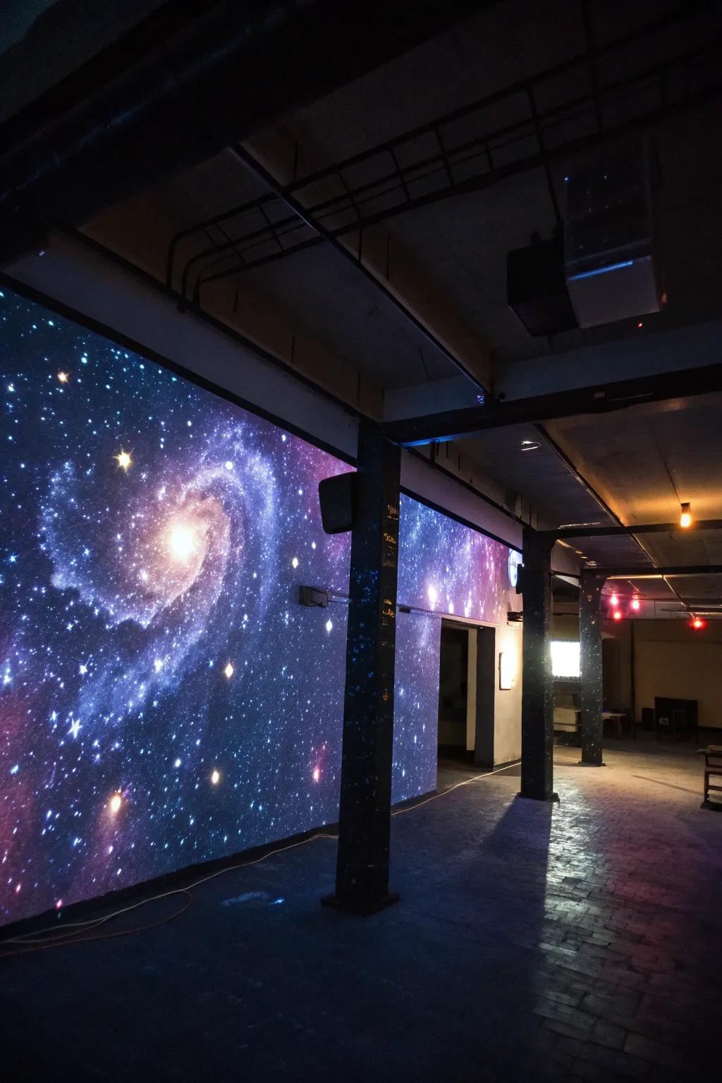 A galaxy-themed backdrop showcasing celestial projections, establishing a stellar photo op location.