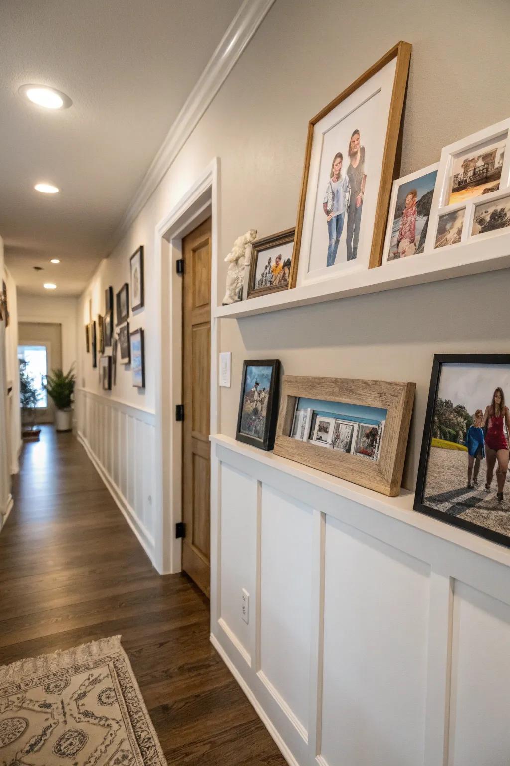 A hallway display ledge personalizes the area beautifully.