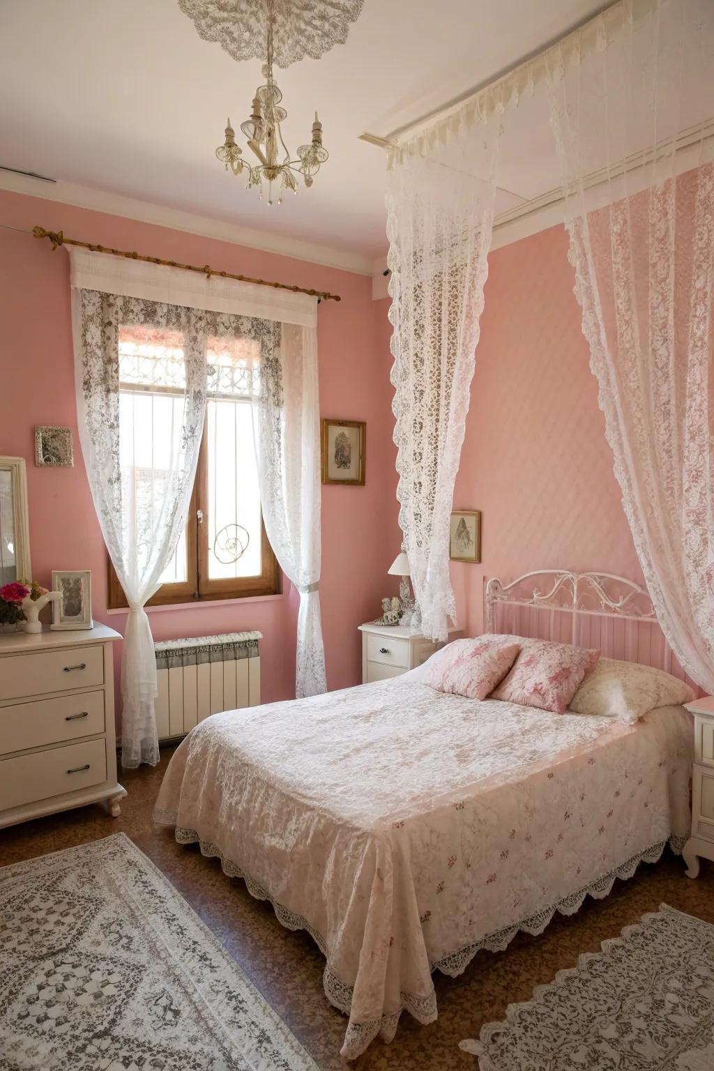 White lace and rose grace provide a classic and romantic bedroom style.