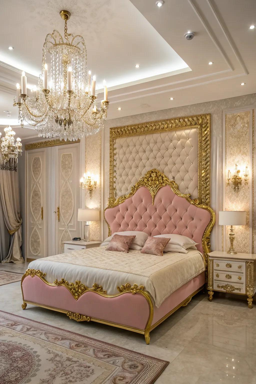 A glamorous and lavish bedroom with a pink and gold headboard.