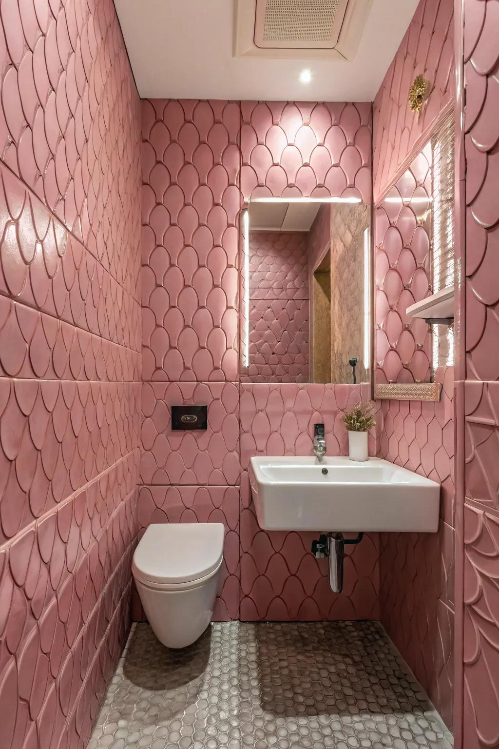 Textured rosy tiles adding depth to the bathroom walls.