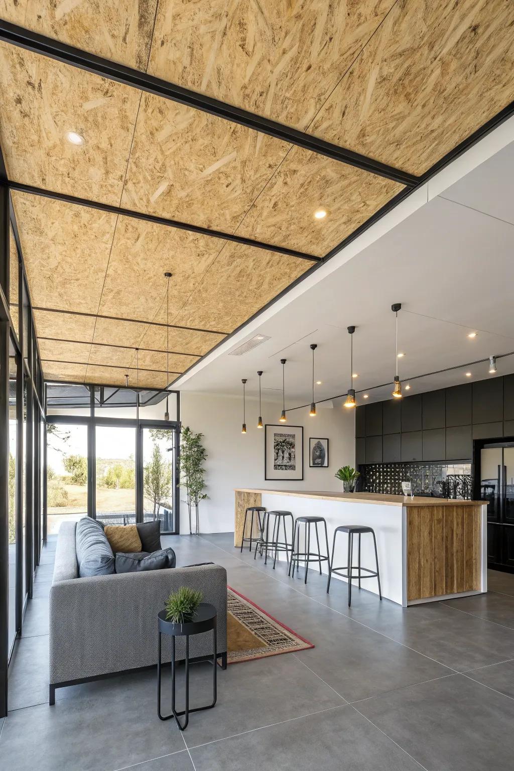 A modern room where contrasting elements enhance the plywood ceiling's appeal.