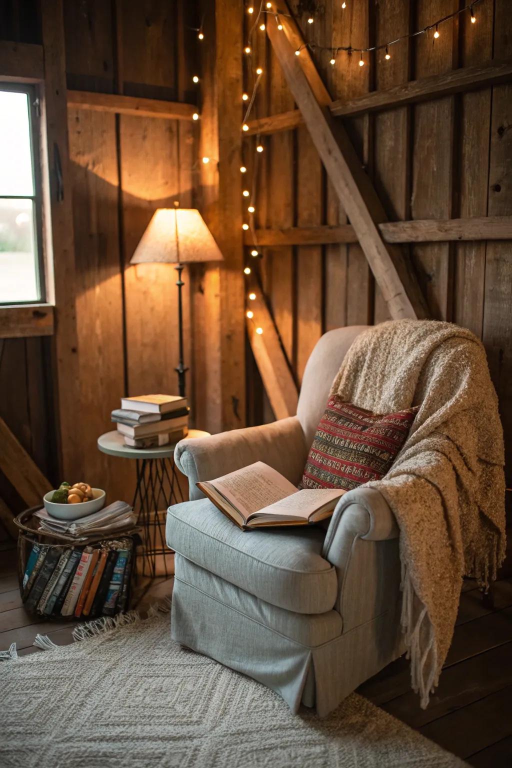 A cozy personal library inside a pole barn featuring a comfy chair and soft lighting.