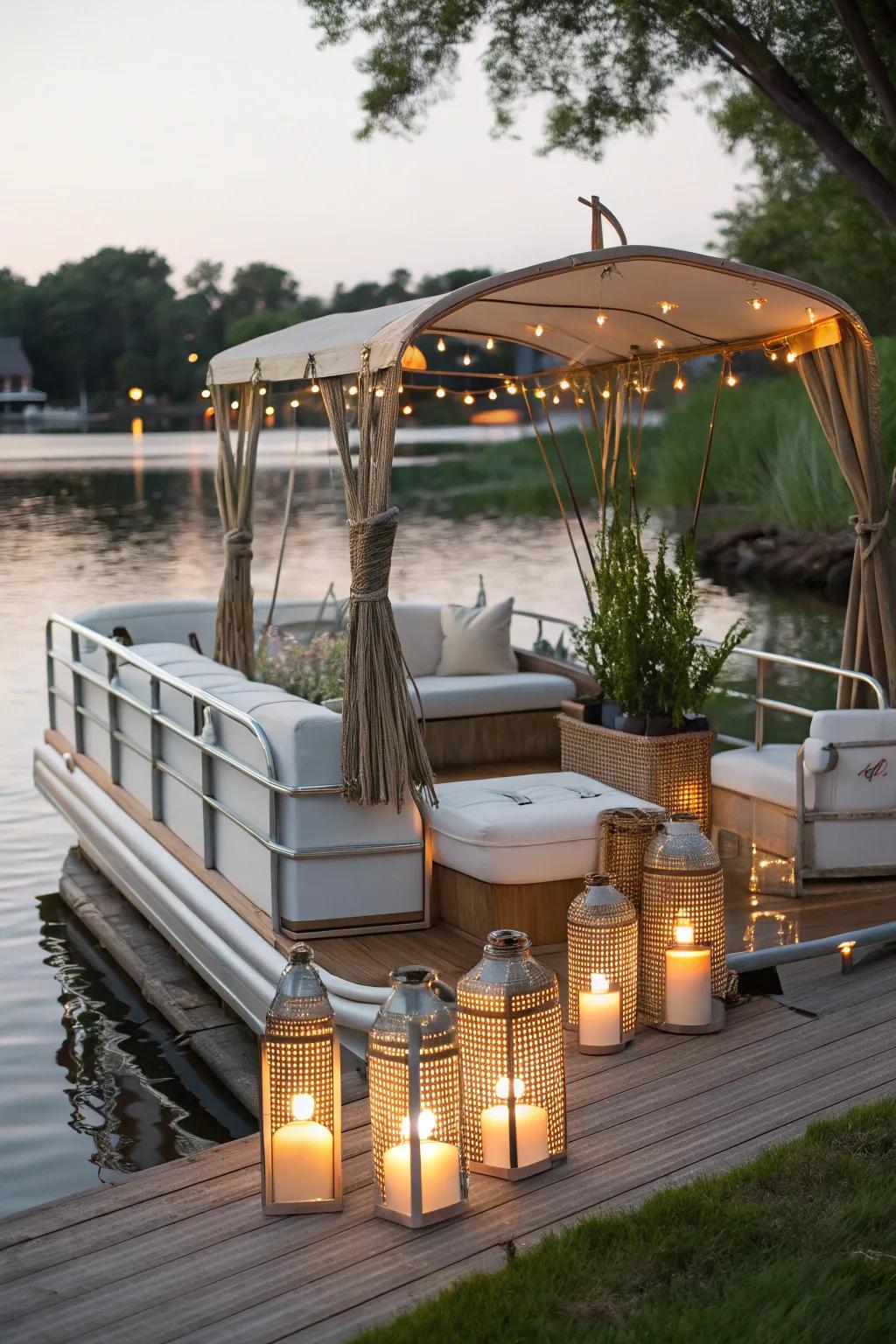 A pontoon boat with a zen theme, delivering a tranquil refuge on the water.