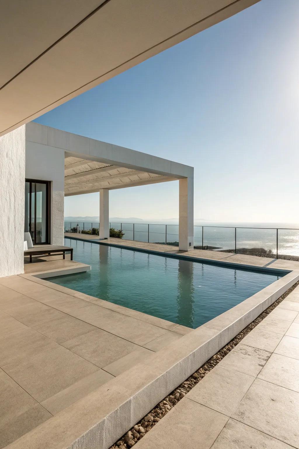 A minimalist pool deck design exudes timeless elegance.