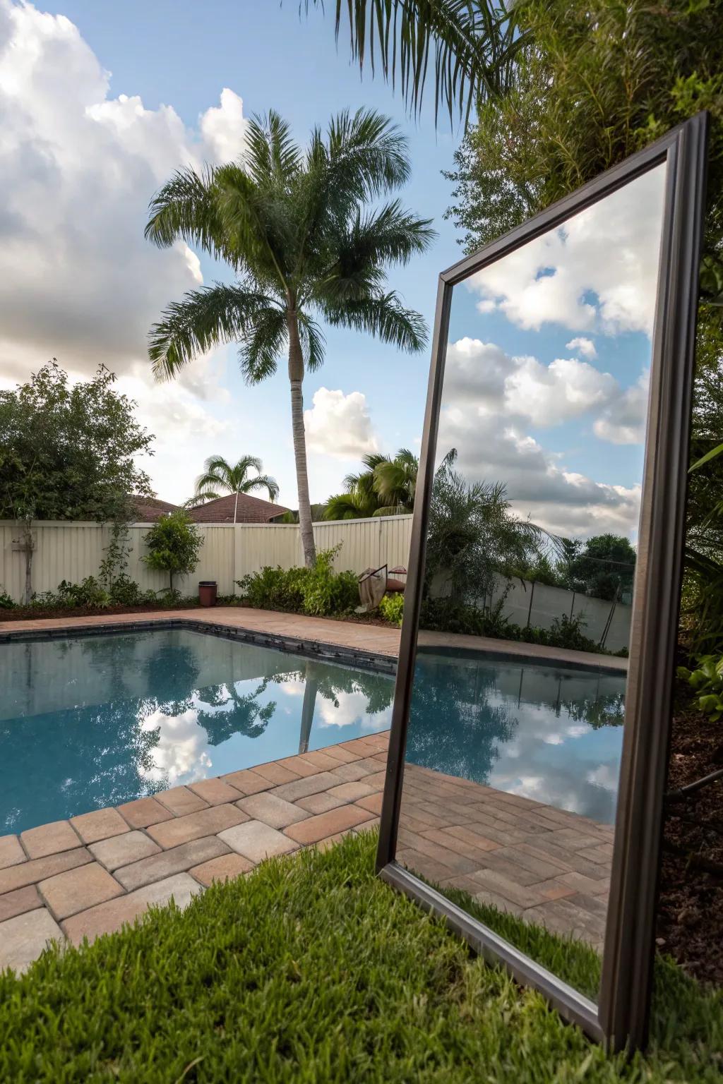 Expand your space with a creative outdoor mirror reflecting the sky.