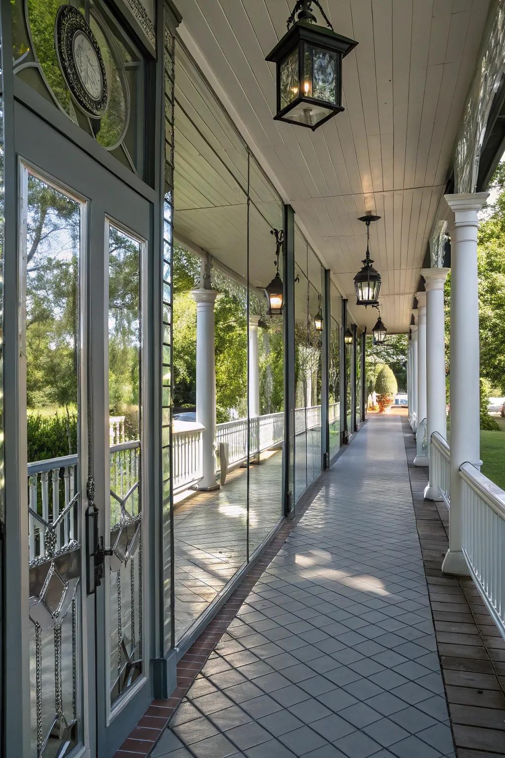 Reflective facades appending profundity and radiance to the porch.